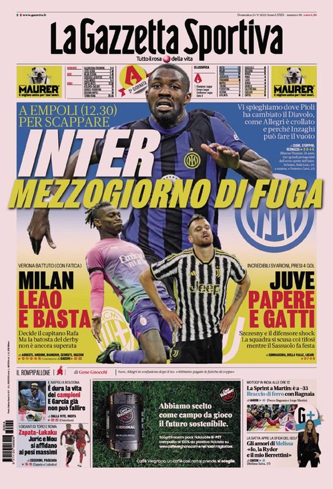 La prima pagina de La Gazzetta dello Sport 24-09-2023
