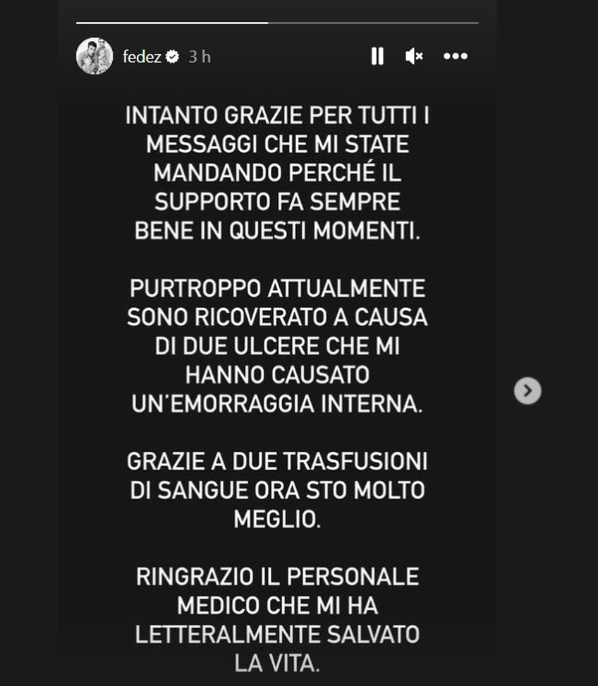 Fedez ricoverato d’urgenza: “Due ulcere, salvato dai medici con due trasfusioni”- immagine 2