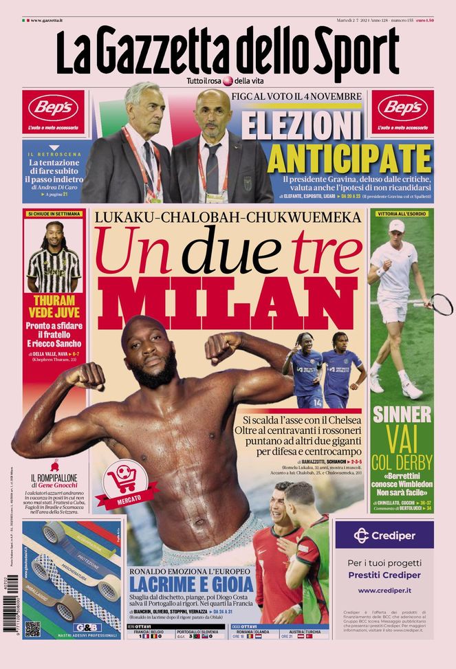 La Gazzetta dello Sport, la prima pagina di oggi, martedì 2 luglio 2024 La Gazzetta dello Sport
