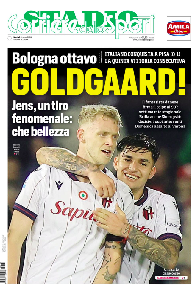 Magia di Odgaard, il Bologna sbanca Pisa: le prime dei giornali- immagine 2