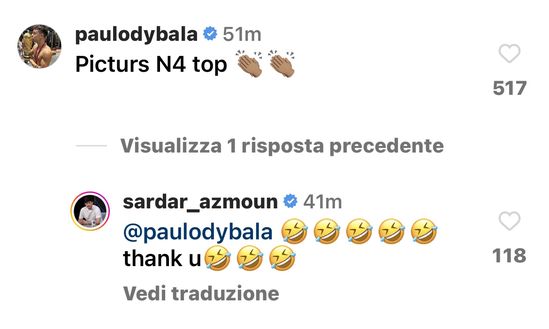 Dybala-Azmoun Azmoun sui social: “Altri tre punti”. E Dybala apprezza- immagine 2