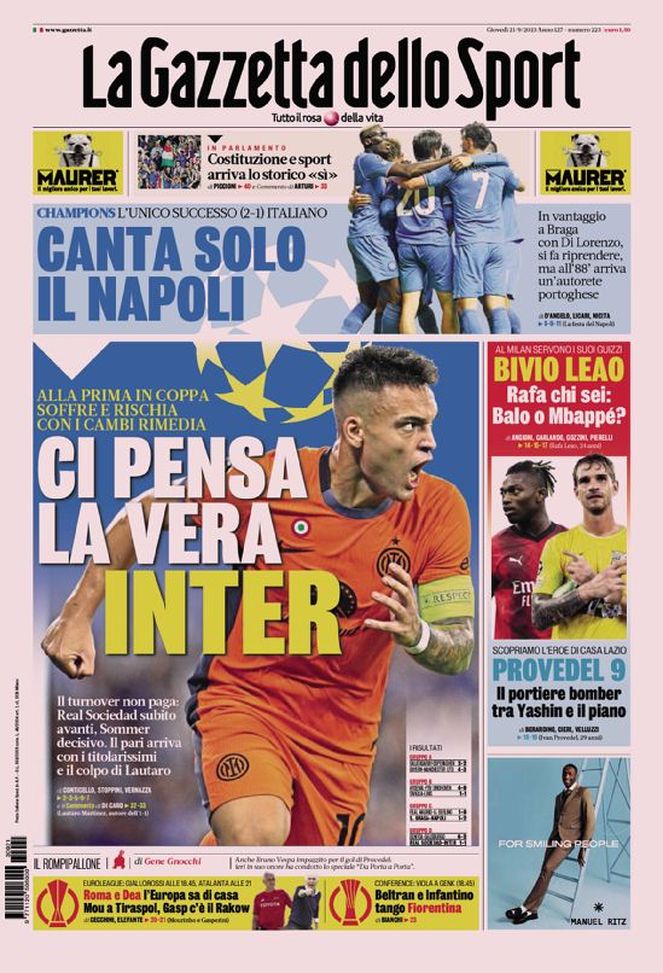 La prima pagina de La Gazzetta dello Sport 21-09-2023