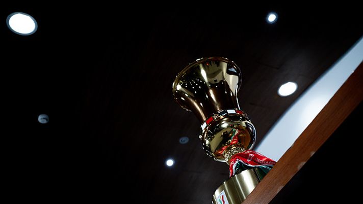 ROME, ITALY - MAY 14: The trophy during the Coppa Italia press conference before the match with Atalanta on May 14, 2024 in Rome, Italy. (Photo by Daniele Badolato - Juventus FC/Juventus FC via Getty Images) Trofei Milan Roma