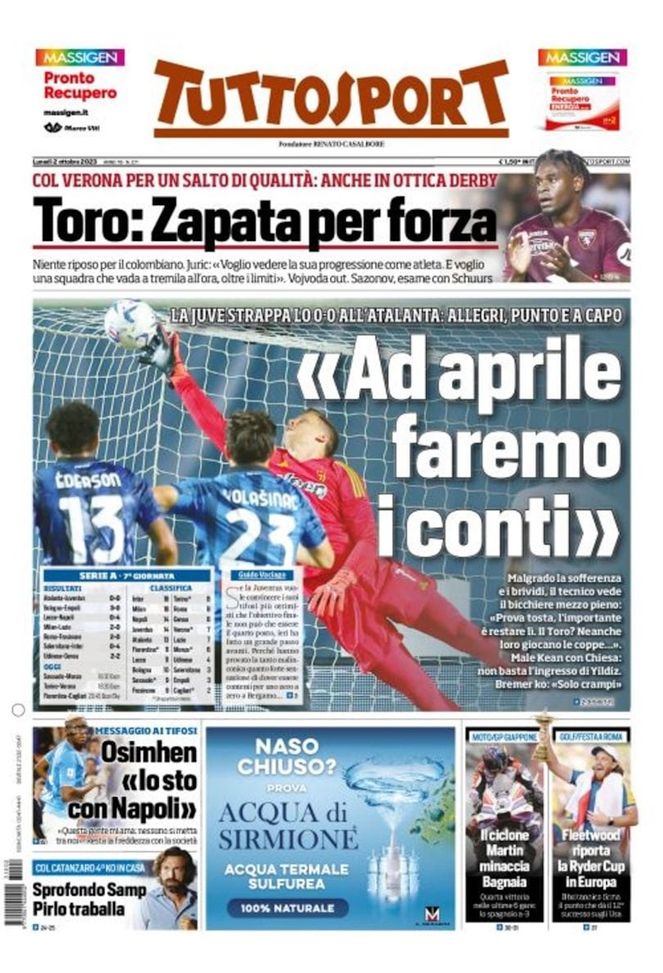 EDICOLA TS – La Juve strappa lo 0-0 all’Atalanta: Allegri, punto e a capo - immagine 1