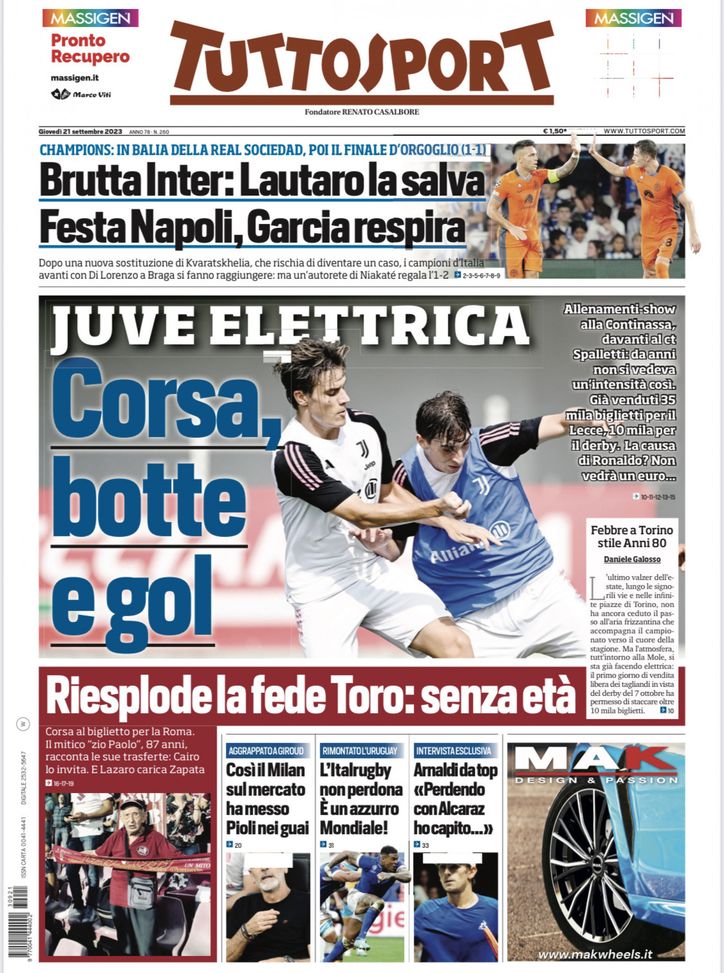 La prima pagina di Tuttosport 21-09-2023
