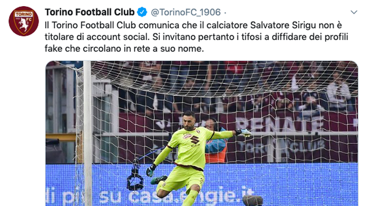 Torino, la società avvisa: “Sirigu non ha account social, diffidate dai profili fake” - immagine 1