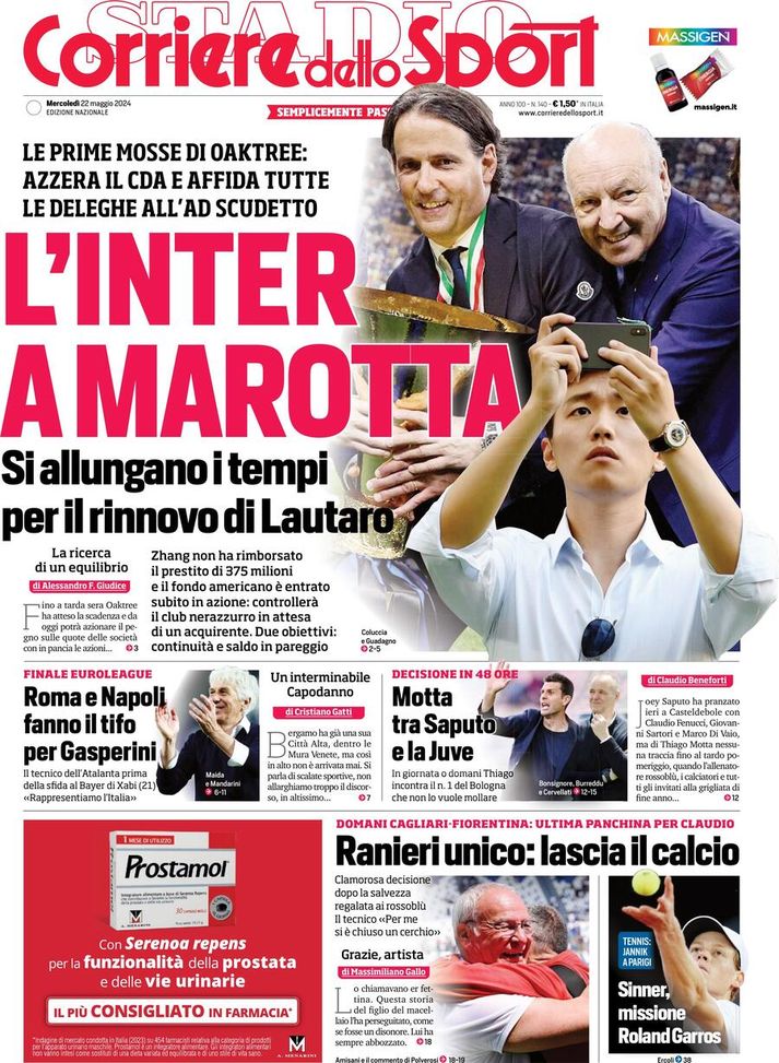 Il Corriere dello Sport, la prima pagina di oggi, mercoledì 22 maggio 2024 Il Corriere dello Sport