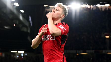 MANCHESTER, ENGLAND - MAY 15: Rasmus Hojlund of Manchester United celebrates scoring his team's third goal during the Premier League match between Manchester United and Newcastle United at Old Trafford on May 15, 2024 in Manchester, England. (Photo by Stu Forster/Getty Images)