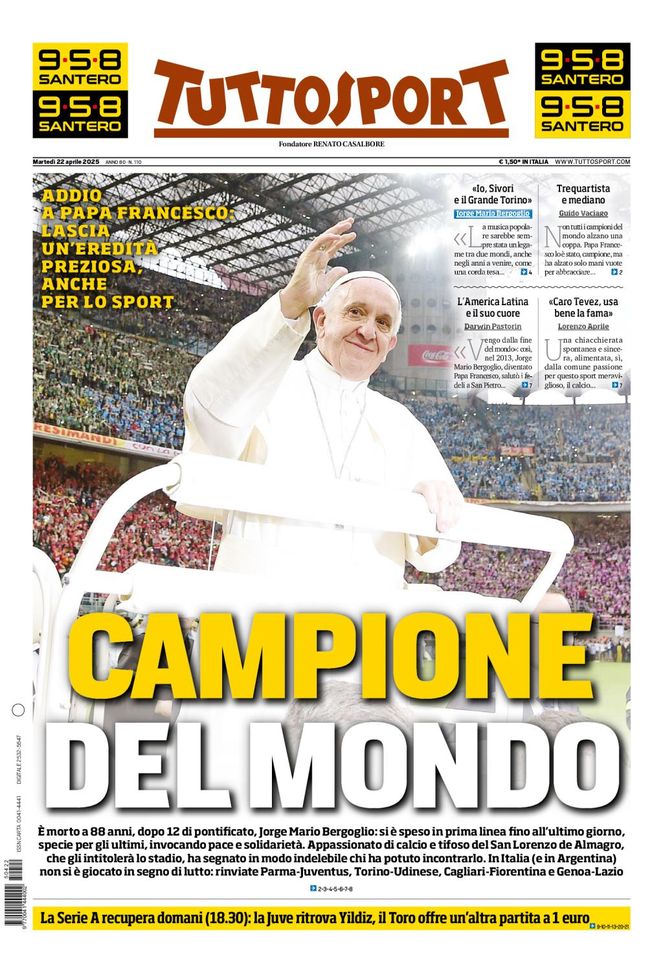 Tuttosport, la prima pagina di oggi, martedì 22 aprile 2025 Tuttosport