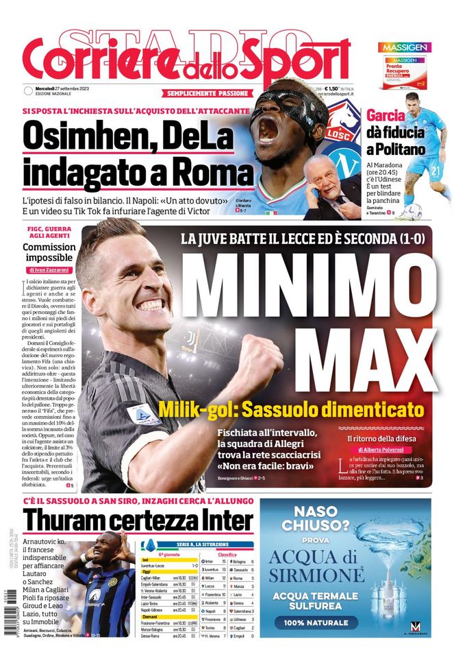 Corriere dello Sport Prima Pagina mercoledì 27 settembre