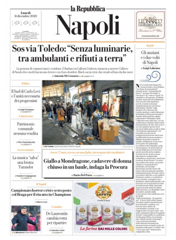 LA PRIMA PAGINA DE LA REPUBBLICA NAPOLI di oggi 11 dicembre 2023- immagine 2
