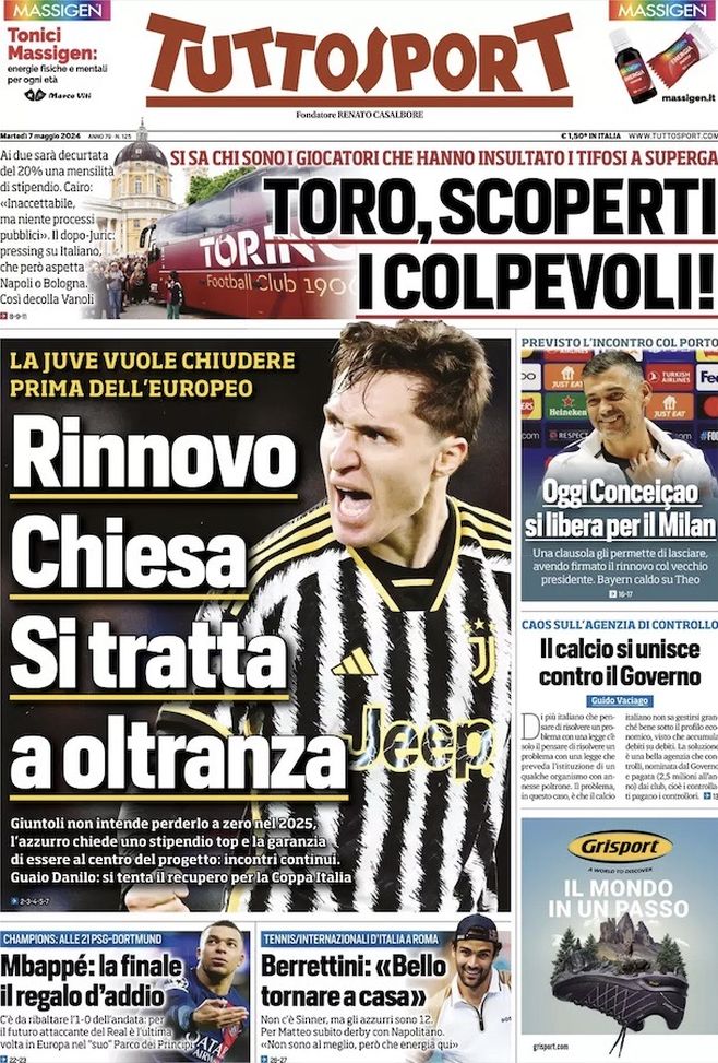 Tuttosport, la prima pagina di oggi, martedì 7 maggio 2024 Tuttosport