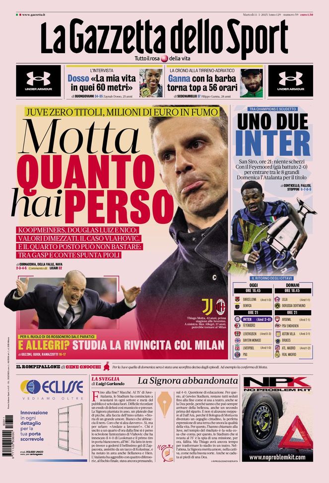 La Gazzetta dello Sport, la prima pagina di oggi, martedì 11 marzo 2025