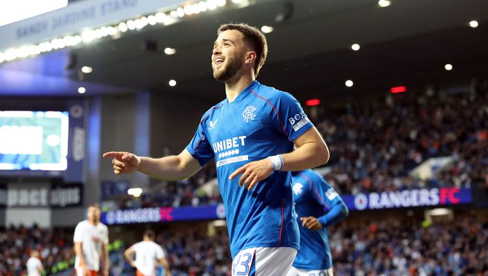GLASGOW, SCOTLAND - MAY 14: Nicolas Raskin of Rangers celebrates after scoring his team's third goal during the William Hill Premiership match between Rangers FC and Dundee United FC at Ibrox Stadium on May 14, 2025 in Glasgow, Scotland. (Photo by Ian MacNicol/Getty Images) Raskin