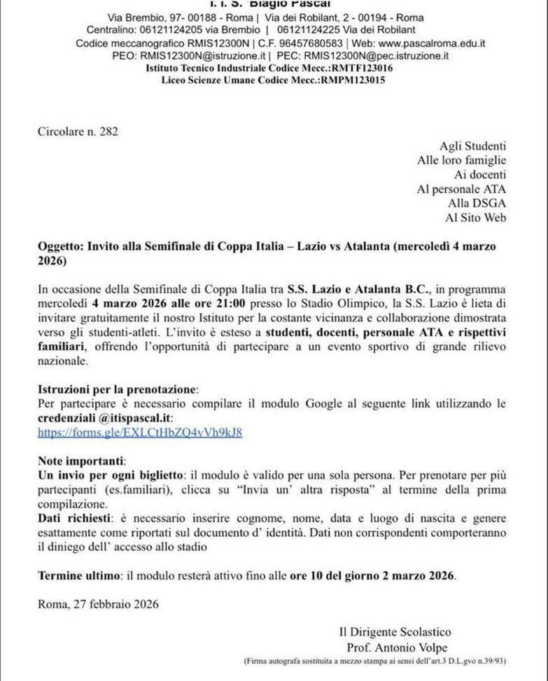 Lazio-Atalanta, Olimpico deserto: invitato gratuitamente l’istituto Pascal – FOTO- immagine 2