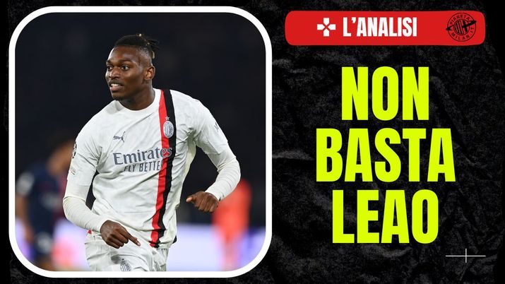Rafael Leao (attaccante AC Milan), qui durante PSG-Milan 3-0 (Champions League 2023-2024) | News (Getty Images) Leao AC Milan PSG-Milan 3-0 Champions League 2023-2024