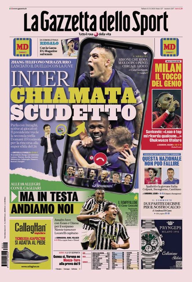 La prima pagina de La Gazzetta dello Sport 11/11/2023