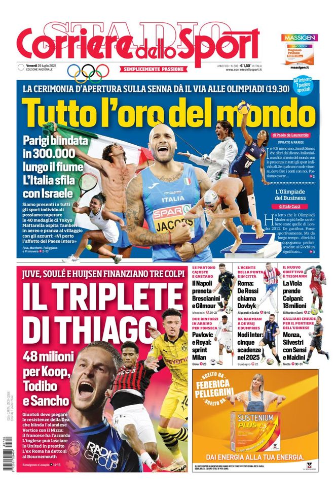 Prima Pagina Corriere dello Sport 26 luglio