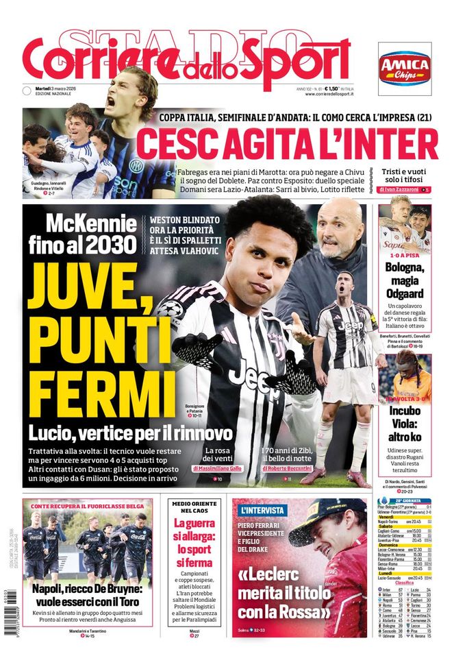 Il Corriere dello Sport, la prima pagina di oggi, martedì 3 marzo 2026 Il Corriere dello Sport