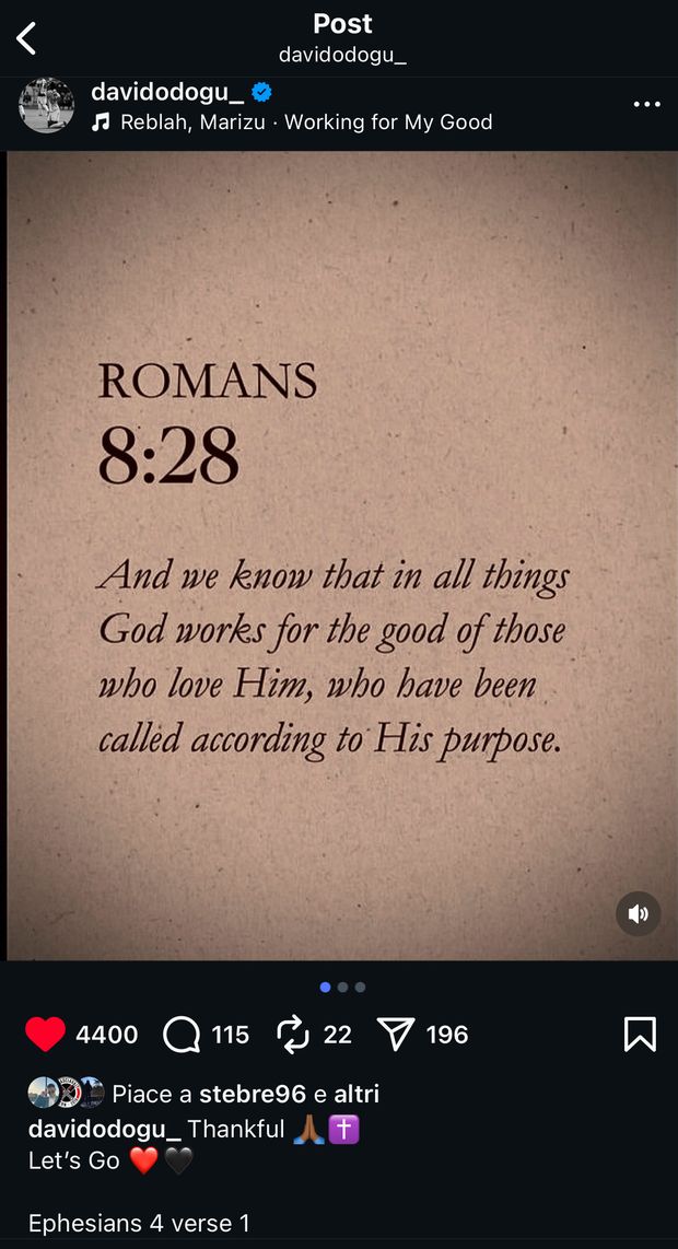 david-odogu-milan-fede-bibbia-nuovo-testamento-talento-instagram-dio-lettera-romani