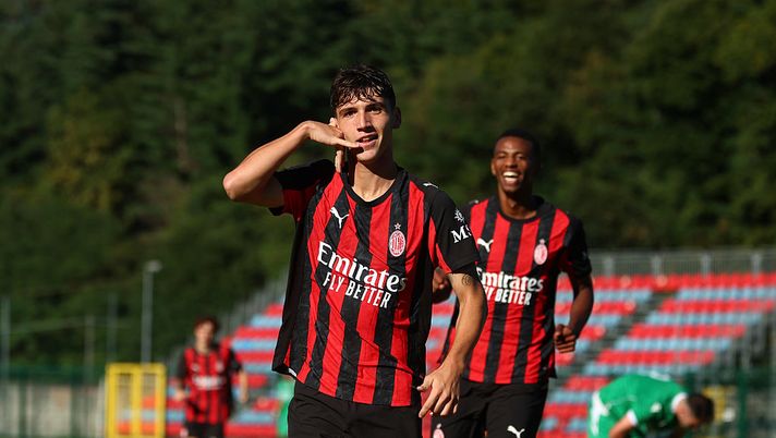 GOZZANO, ITALY - AUGUST 30: Emanuele Sala of Milan Futuro celebrates after scoring the opening goal during the Coppa Italia Serie D match between ASDC Gozzano U23 and Milan Futuro at Stadio Alfredo d'Albertas on August 30, 2025 in Gozzano, Italy. (Photo by Giuseppe Cottini/AC Milan via Getty Images) mondiale-under-20-cile-emanuele-sala-azzurri-azzurrini-nunziata