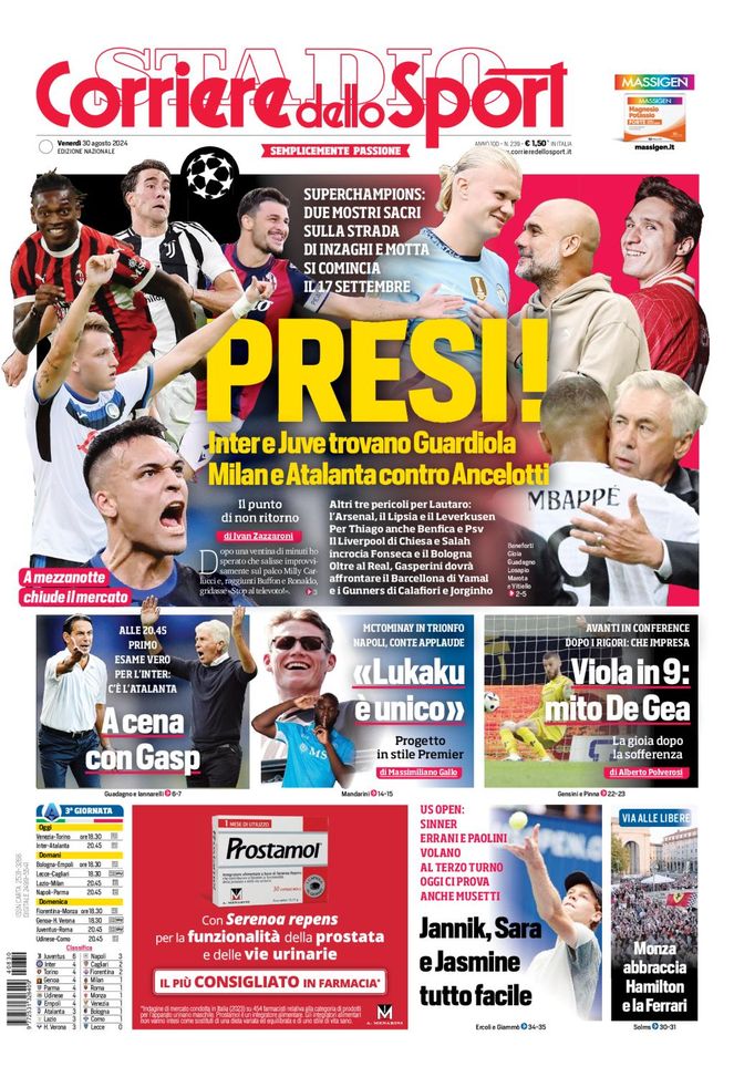 Prima Pagina Corriere dello Sport 30 agosto