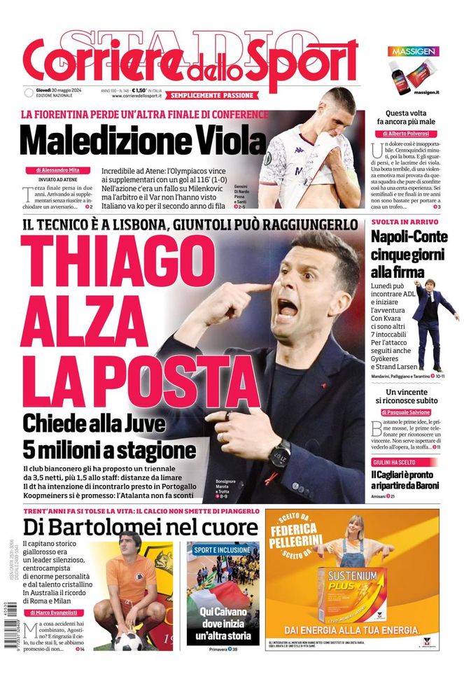 EDICOLA / CdS: Maledizione viola. Juve, Thiago alza la posta. Napoli-Conte, si svolta EDICOLA / CdS: Maledizione viola. Juve, Thiago alza la posta. Napoli-Conte, si svolta - immagine 1