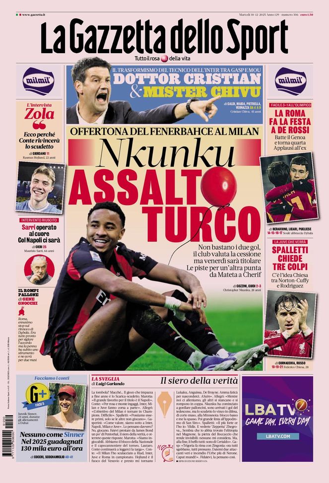 La Gazzetta dello Sport, la prima pagina di oggi, martedì 30 dicembre 2025 La Gazzetta dello Sport