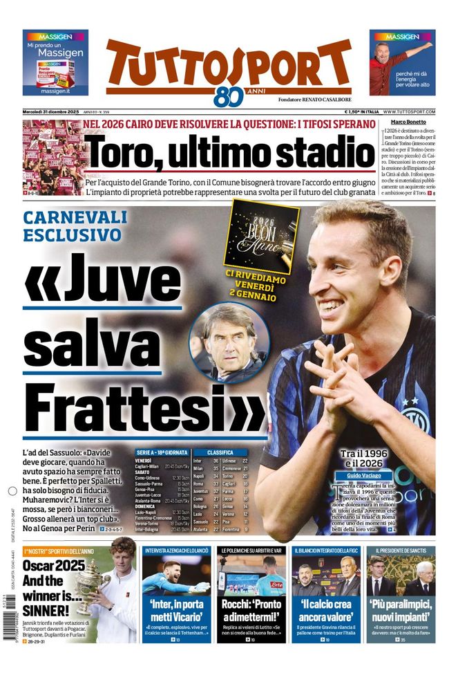 Tuttosport, la prima pagina di oggi, mercoledì 31 dicembre 2025 Tuttosport