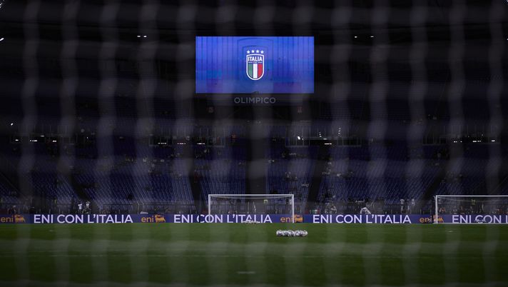 ROME, ITALY - OCTOBER 10: Logo of FIGC - Federazione Italiana Giuoco Calcio can ben seen inside the stadium prior to the UEFA Nations League 2024/25 League A Group A2 match between Italy and Belgium at Stadio Olimpico on October 10, 2024 in Rome, Italy. (Photo by Emmanuele Ciancaglini/Getty Images) Italia