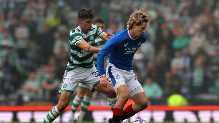 GLASGOW, SCOTLAND - APRIL 30: Matt O'Riley of Celtic vies with Todd Cantwell of Rangers during the Scottish Cup Semi Final match between Rangers and Celtic at Hampden Park on April 30, 2023 in Glasgow, Scotland. (Photo by Ian MacNicol/Getty Images) Old Firm