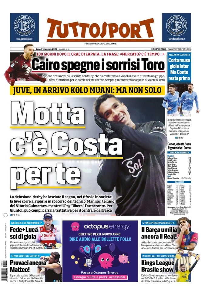 Tuttosport, la prima pagina di oggi, lunedì 13 gennaio 2025 Tuttosport