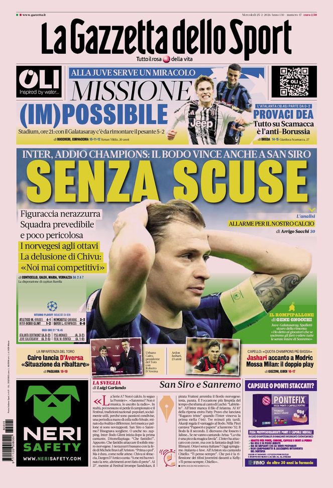 La Gazzetta dello Sport, la prima pagina di oggi, mercoledì 25 febbraio 2026 La Gazzetta dello Sport