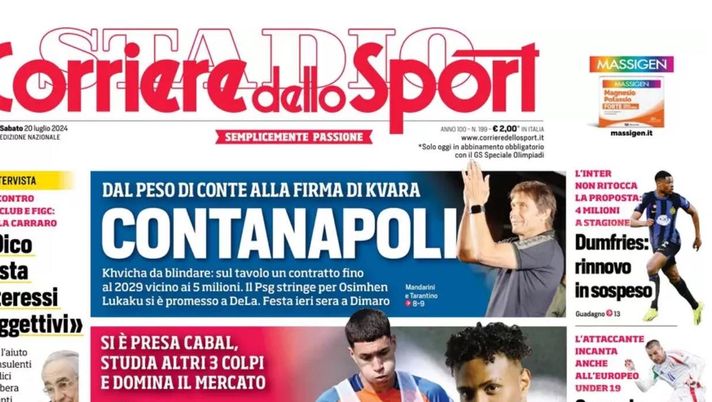 PRIMA PAGINA CORRIERE DELLO SPORT OGGI: “Contanapoli, dal peso di Conte alla firma di Kvara” prima pagina corriere dello sport oggi