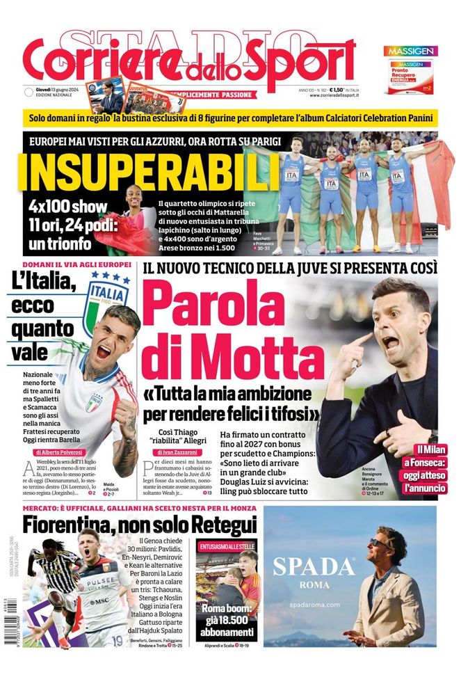 EDICOLA / CdS: Juve, parola di Motta. Italia: recuperato Frattesi. Rientra Barella EDICOLA / CdS: Juve, parola di Motta. Italia: recuperato Frattesi. Rientra Barella - immagine 1