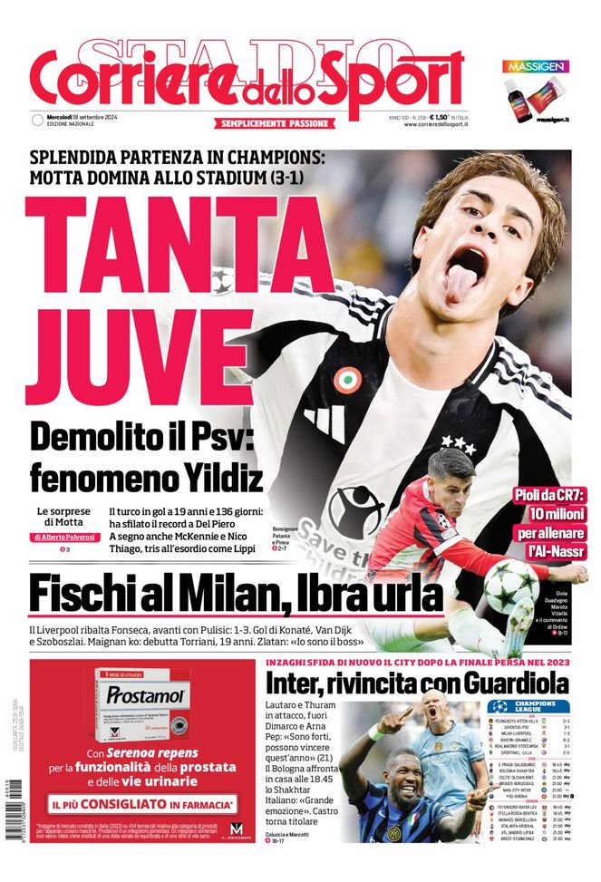 Prima Pagina Corriere dello Sport 18 settembre
