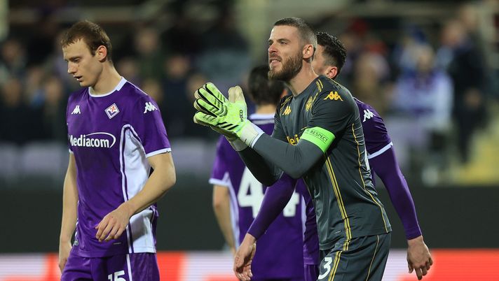FLORENCE, ITALY - FEBRUARY 26: David de Gea goalkeeper of ACF Fiorentina reacts during the UEFA Conference League 2025/26 Knockout Play-off Second Leg match between ACF Fiorentina and Jagiellonia Bialystok at Stadio Artemio Franchi on February 26, 2026 in Florence, Italy. (Photo by Gabriele Maltinti/Getty Images) De Gea