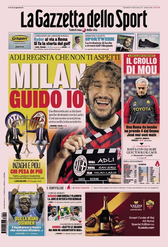 La prima pagina de La Gazzetta dello Sport 29-09-2023