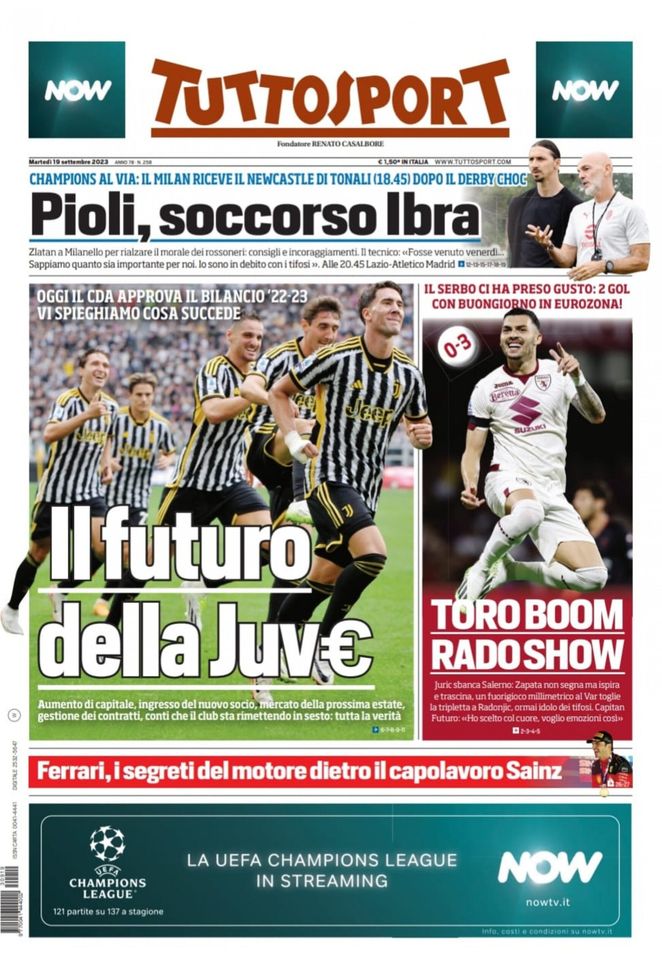 Prima pagina Tuttosport 19-09-2023