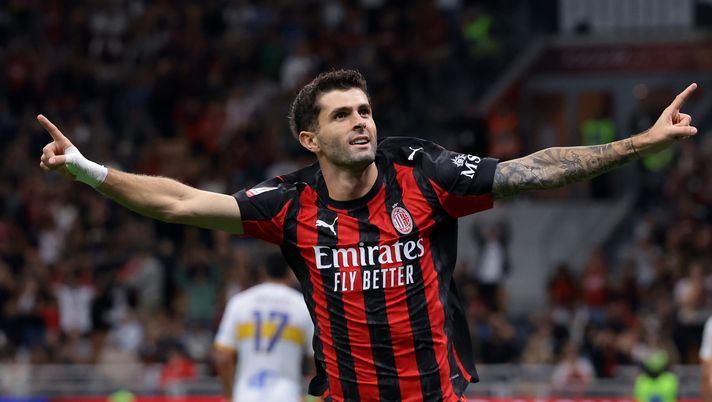MILAN, ITALY - SEPTEMBER 23: Christian Pulisic of AC Milan celebrates after scoring to give the side a 3-0 lead during the Coppa Italia Frecciarossa Round of 16 match between AC Milan and US Lecce at Giuseppe Meazza Stadium on September 23, 2025 in Milan, Italy. (Photo by Jonathan Moscrop/Getty Images) Milan
