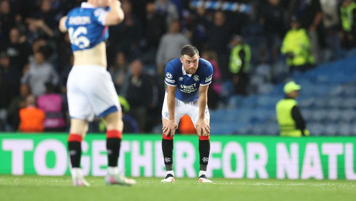 GLASGOW, SCOTLAND - AUGUST 19:John Souttar of Rangers looks dejected after the final whistle of the UEFA Champions League Play-offs Round First Leg match between Rangers and Club Brugge at Ibrox Stadium on August 19, 2025 in Glasgow, Scotland. (Photo by Ian MacNicol/Getty Images) Rangers