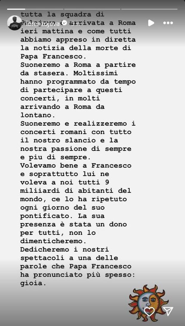 Instagram @lorenzojova  Morte Papa Francesco, la musica non si ferma. Jovanotti: “Dedicheremo a lui i concerti”- immagine 2
