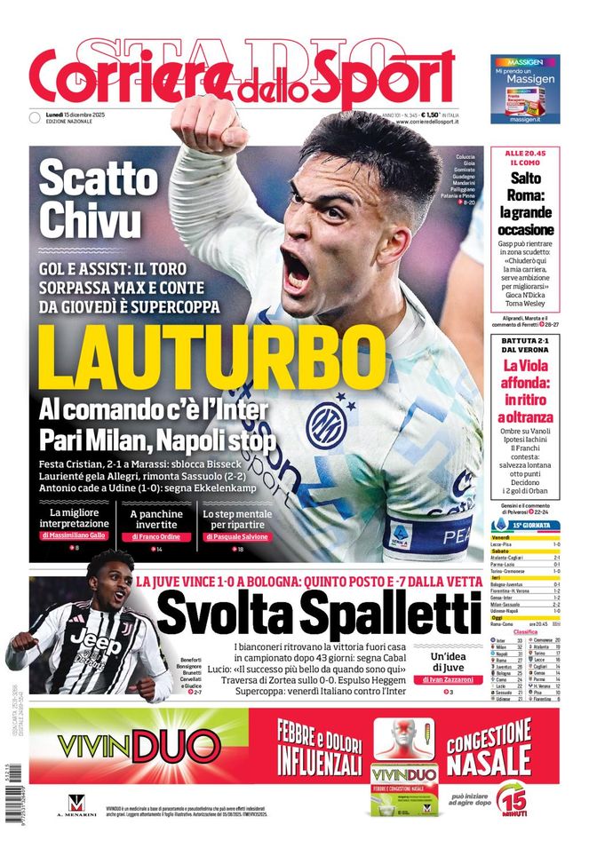 Il Corriere dello Sport, la prima pagina di oggi, lunedì 15 dicembre 2025 Il Corriere dello Sport
