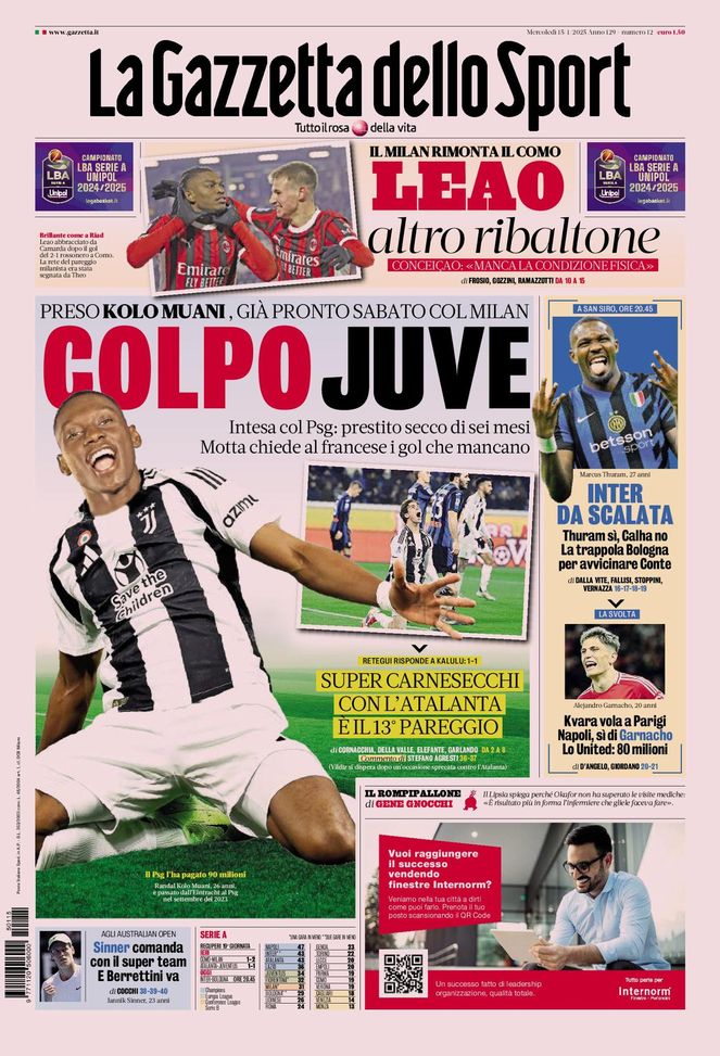 La Gazzetta dello Sport, la prima pagina di oggi, mercoledì 15 gennaio 2025 La Gazzetta dello Sport