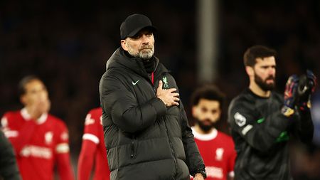 LIVERPOOL, ENGLAND - APRIL 24: Jurgen Klopp, Manager of Liverpool, holds the Liverpool badge on his coat after the team's defeat in the Premier League match between Everton FC and Liverpool FC at Goodison Park on April 24, 2024 in Liverpool, England. (Photo by Naomi Baker/Getty Images)