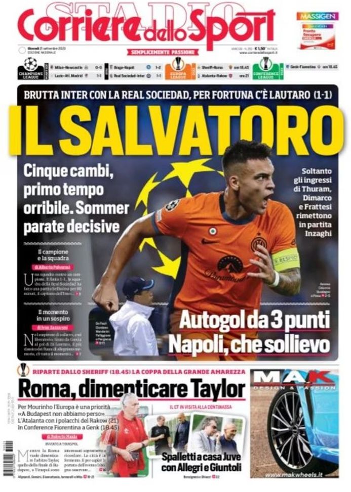EDICOLA / CdS: Il Salvatoro. Brutta Inter contro la Real ma c’è Lautaro - immagine 1