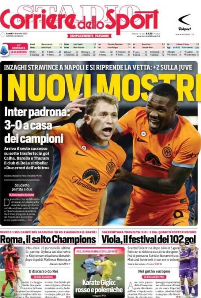 EDICOLA / CdS: Nuovi mostri. Inter padrona, tre a zero a casa dei campioni - immagine 1