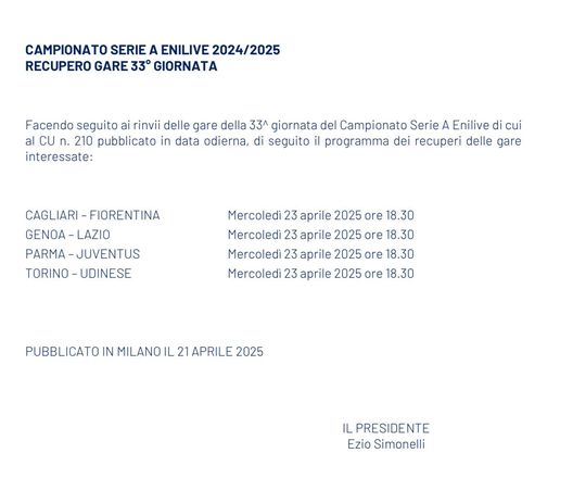 Serie A: decisa la data dei recuperi delle gare non disputate- immagine 2