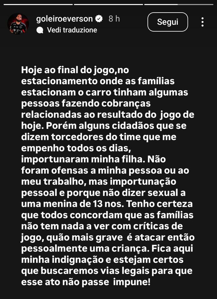 Atlético Mineiro, Everson denuncia: “Dei tifosi hanno molestato mia figlia”- immagine 2