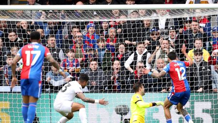 LONDON, ENGLAND - APRIL 21: Emerson Palmieri of West Ham United scores an own goal which is Crystal Palace third goal during the Premier League match between Crystal Palace and West Ham United at Selhurst Park on April 21, 2024 in London, England. (Photo by Henry Browne/Getty Images)